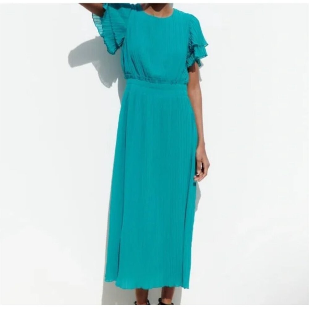 Women's Zara Teal Pleated Midi Dress Size S
